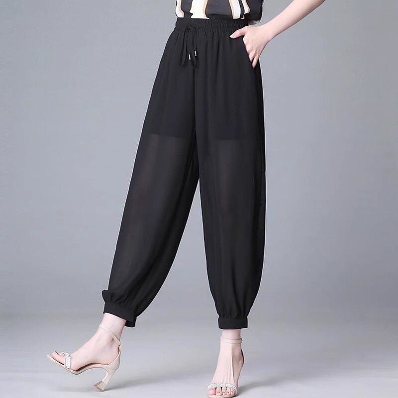 冰丝雪纺九分哈伦裤女夏季薄款宽松显瘦束脚高腰微透防晒小脚裤子