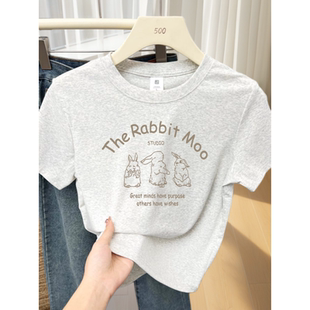 短袖t恤女2026新款夏装初高中学生大童女生的衣服浅灰色夏季上衣