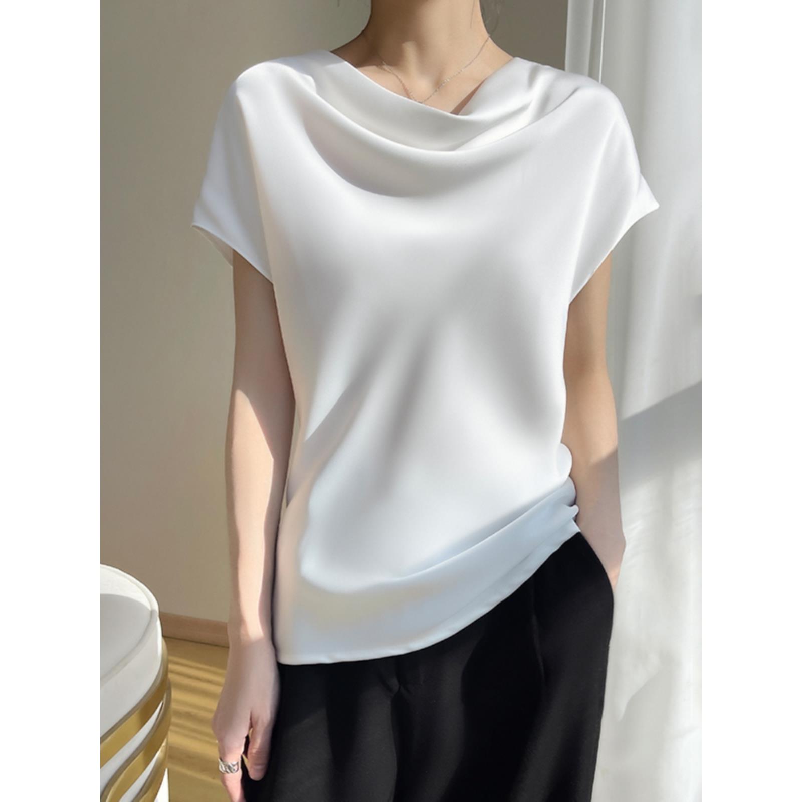 荡领真丝短袖女T恤衫2025夏季宽松堆堆领衬衣重磅设计感短袖上衣