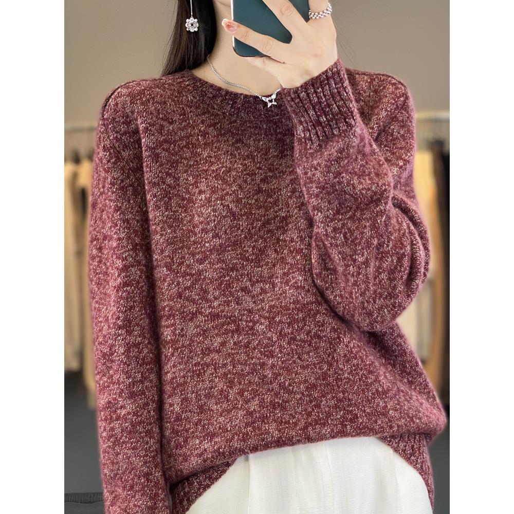 秋冬款圆领套头羊绒毛衣女短款加厚100%纯羊毛时尚保暖打底衫上衣