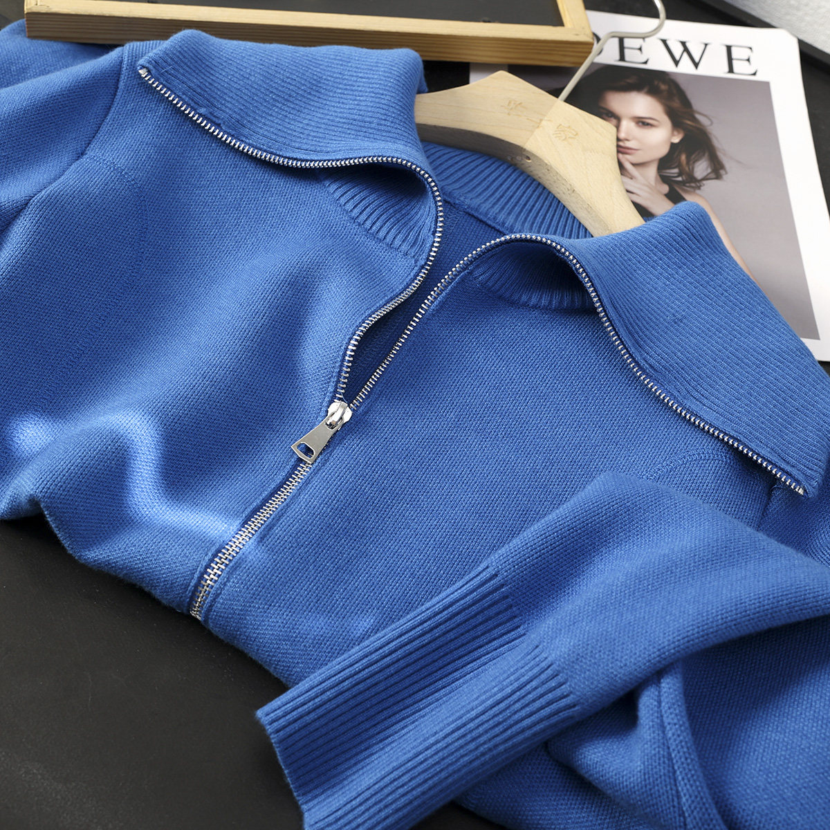 设计感双拉链大翻领针织开衫毛衣