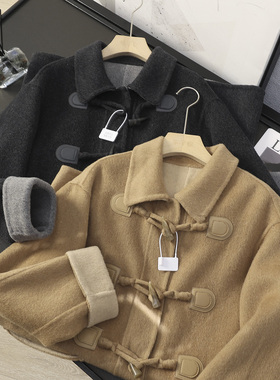 华子家 学院风牛角扣翻领宽松双面呢羊毛大衣女秋冬毛呢外套45045