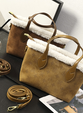 华子家 复古麂皮绒拼接羊羔毛老花菜篮子手提包单肩斜挎包女45685