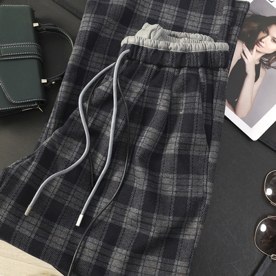 pu皮拼接松紧腰直筒休闲裤阔腿裤