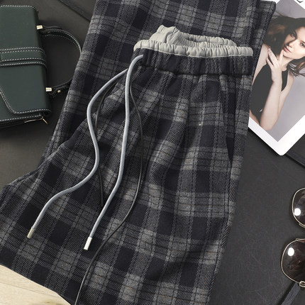 华子家 格纹阔腿裤女2025秋冬新款pu皮拼接松紧腰直筒休闲裤45100