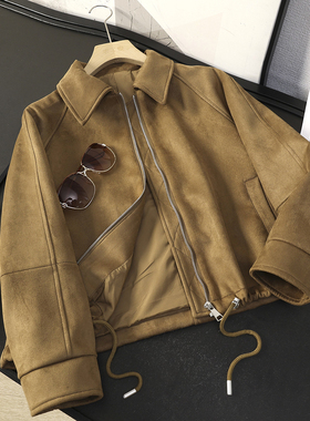 华子家 复古棕色翻领外套女秋季麂皮绒抽绳休闲短款夹克上衣44760