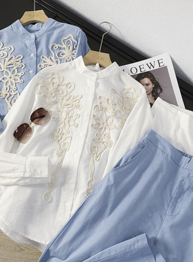 华子家 老钱风盘带绣棉麻长袖衬衫高腰直筒阔腿裤两件套装女44232