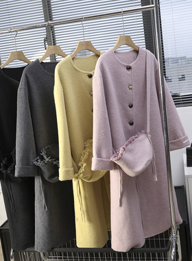 华子家 双面呢大衣女2025秋冬新款单排扣圆领毛呢外套配包包44997