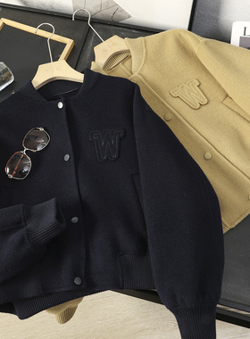 华子家 复古学院风绵羊毛休闲立领棒球服夹克毛呢外套女秋冬45758
