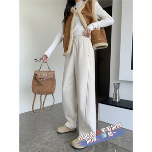 加厚加绒松紧腰宽松直筒休闲裤 女冬季 45259 600g羊毛阔腿裤 华子家
