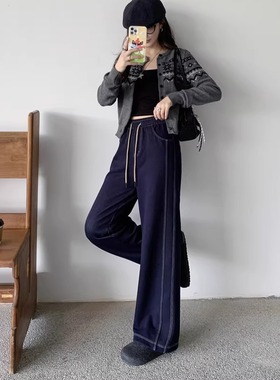 华子家 复古明线加绒直筒阔腿裤女冬季加厚奥利绒高腰牛仔裤45256