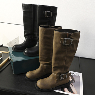 中高筒西部长靴子45358 新款 华子家 复古双扣厚底骑士靴女2025秋季