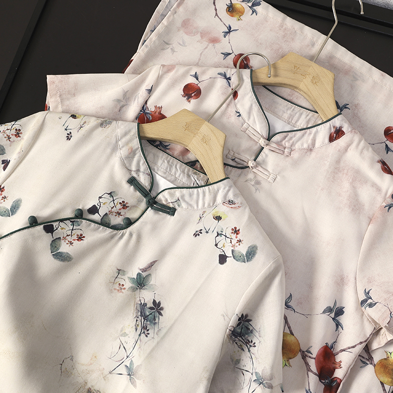 华子家 新中式国风斜门襟盘扣石榴水墨印花旗袍连衣裙女夏季42567