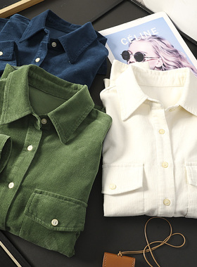 华子家 绿色灯芯绒长袖衬衫女秋冬复古宽松纯棉叠穿衬衣上衣45842