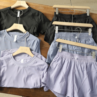 华子家 后背网纱短袖T袖瑜伽服速干透气短裤户外运动套装女40100