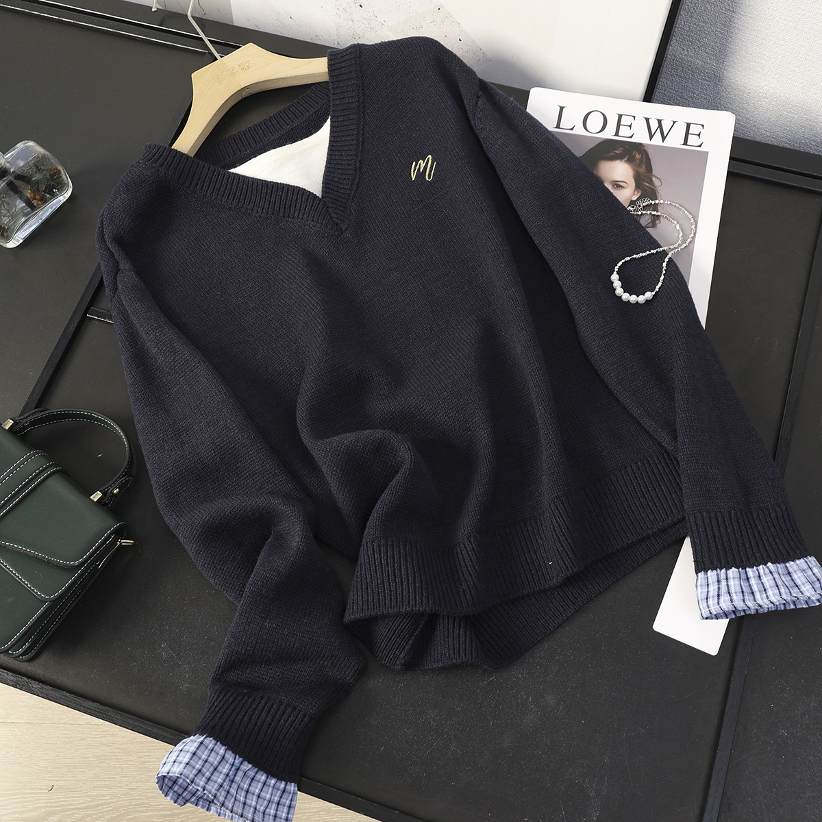 格纹拼接假两件针织衫套头毛衣女