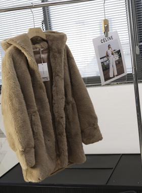 华子家 慵懒宽松银兰貂环保皮草连帽毛绒外套女2025冬季新款45192