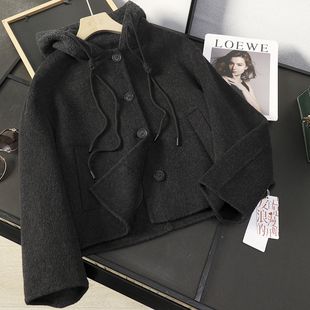 华子家 双面呢羊毛大衣女2025秋冬新款连帽短款长款毛呢外套45233