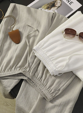 华子家 莱赛尔天丝亚麻混纺抽绳松紧腰休闲直筒阔腿裤女夏季42801