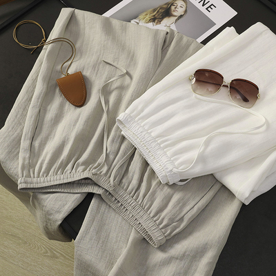 莱赛尔天丝亚麻混纺阔腿裤女夏季