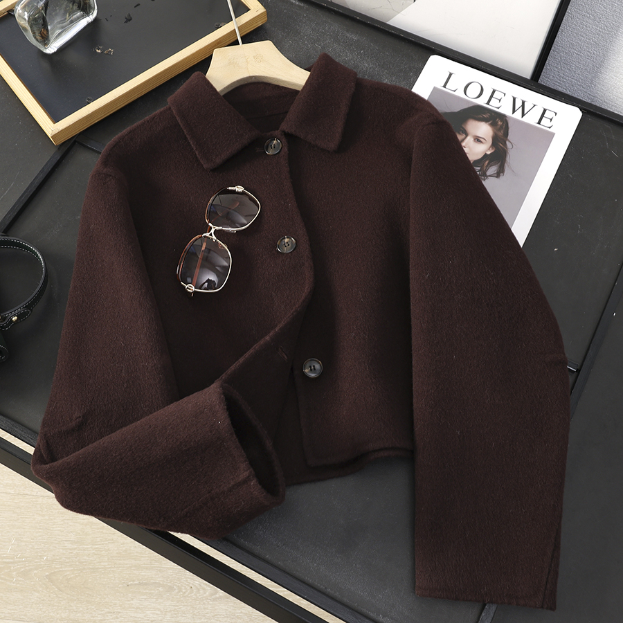 天丝羊毛混纺翻领短款双面呢外套