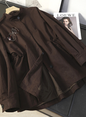 华子家 设计感抽绳收腰单排扣中长款宽松立领风衣外套女秋季44740