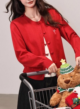 华子家 复古新年红色假两件蝴蝶结针织衫开衫毛衣外套女秋冬45817