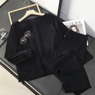 桶型九分休闲裤 衬衫 两件套女秋冬45424 复古灯芯绒船领长袖 华子家