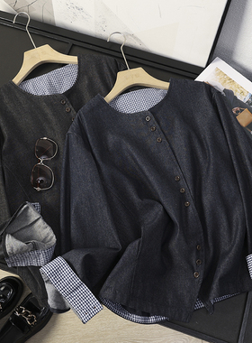 华子家 棉酵洗不掉色！日系长袖休闲宽松圆领牛仔外套女秋季44279