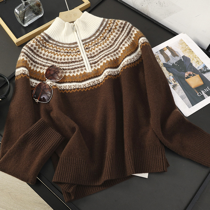 华子家 复古费尔岛提花半拉链翻领毛衣女秋冬季绵羊毛针织衫45873,女装/女士精品,毛针织衫,淘宝优惠券,粉丝福利购,淘宝优惠卷