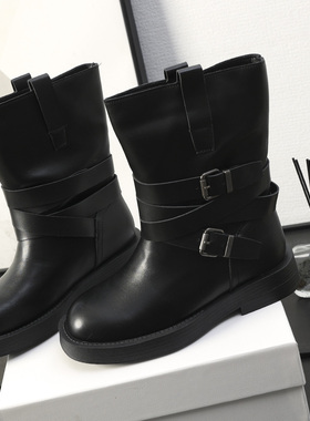 华子家 复古英伦风加绒马丁靴女2025冬季新款中筒西部靴短靴45521