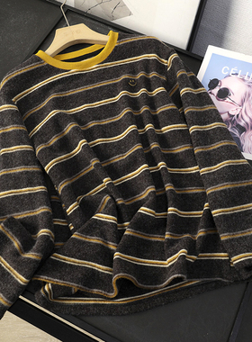 华子家 慵懒风宽松笑脸刺绣加厚磨毛撞色圆领长袖条纹T恤女45193