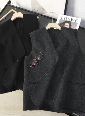 华子家 100绵羊毛双面呢大衣女秋冬宽松V领无袖毛呢马甲背心45563