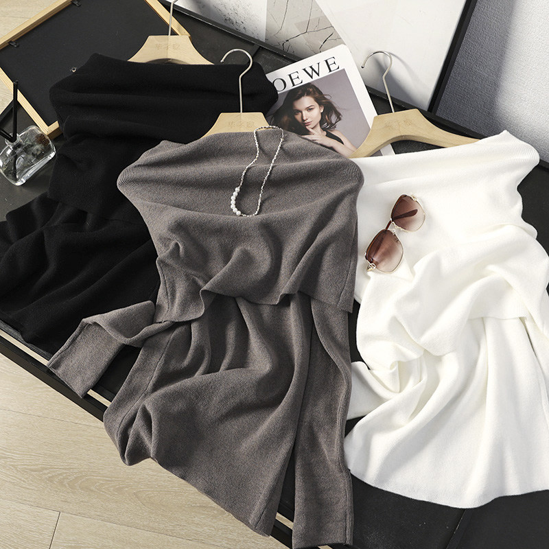 华子家 黑色一字领露肩修身长袖针织衫女秋冬斗篷内搭打底衫45808