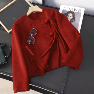 华子家 新中式国风盘扣红色双面呢大衣女秋冬季短款毛呢外套45197