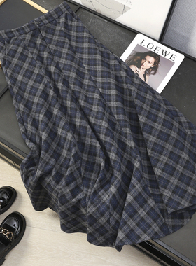 华子家 复古蓝灰格纹磨毛半身裙女秋冬加厚高腰A字裙中长裙45391