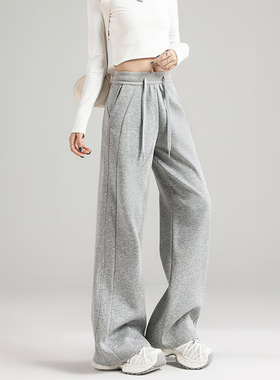 华子家 灰色运动卫裤女2025秋季新款立裁高腰直筒休闲阔腿裤44710