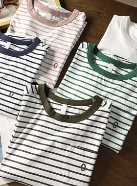华子家 男女同款撞色条纹长袖T恤情侣运动插肩袖圆领打底衫40474