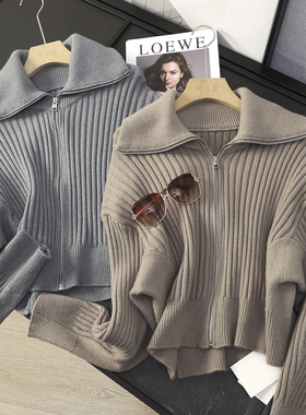 华子家 大翻领罗纹针织开衫女2025秋季拉链短款开衫毛衣外套45077