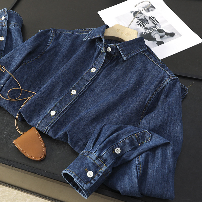 华子家 老钱风复古小马刺绣纯棉长袖牛仔衬衫女秋季休闲外套44148