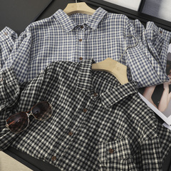华子家 日式复古格子衬衫女25秋季新款磨毛叠穿休闲衬衣外套44635