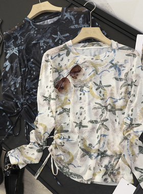 华子家 设计感侧边抽绳印花修身显瘦圆领长袖t恤上衣女秋季44547