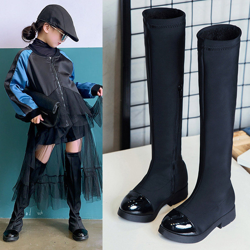 洋气女童靴子弹力长筒靴儿童时尚小高跟过膝靴加绒保暖棉靴高筒鞋