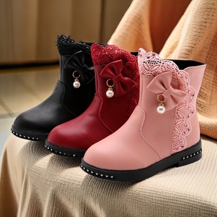 女童雪地靴加绒靴子马丁长靴秋冬过年红公主靴高筒儿童皮靴短筒靴