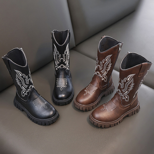 骑士靴女童靴子加绒中大童小女孩马靴儿童中筒皮靴刺绣烟筒靴单靴