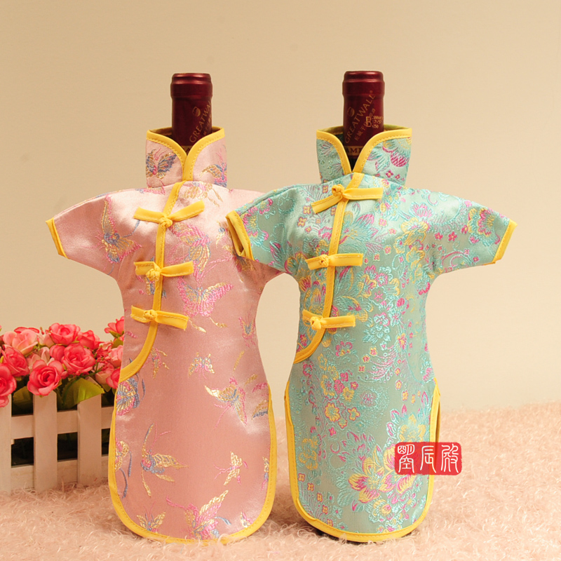 女款旗袍唐装酒瓶套织锦缎中式中国风红酒套酒瓶衣服出国礼品