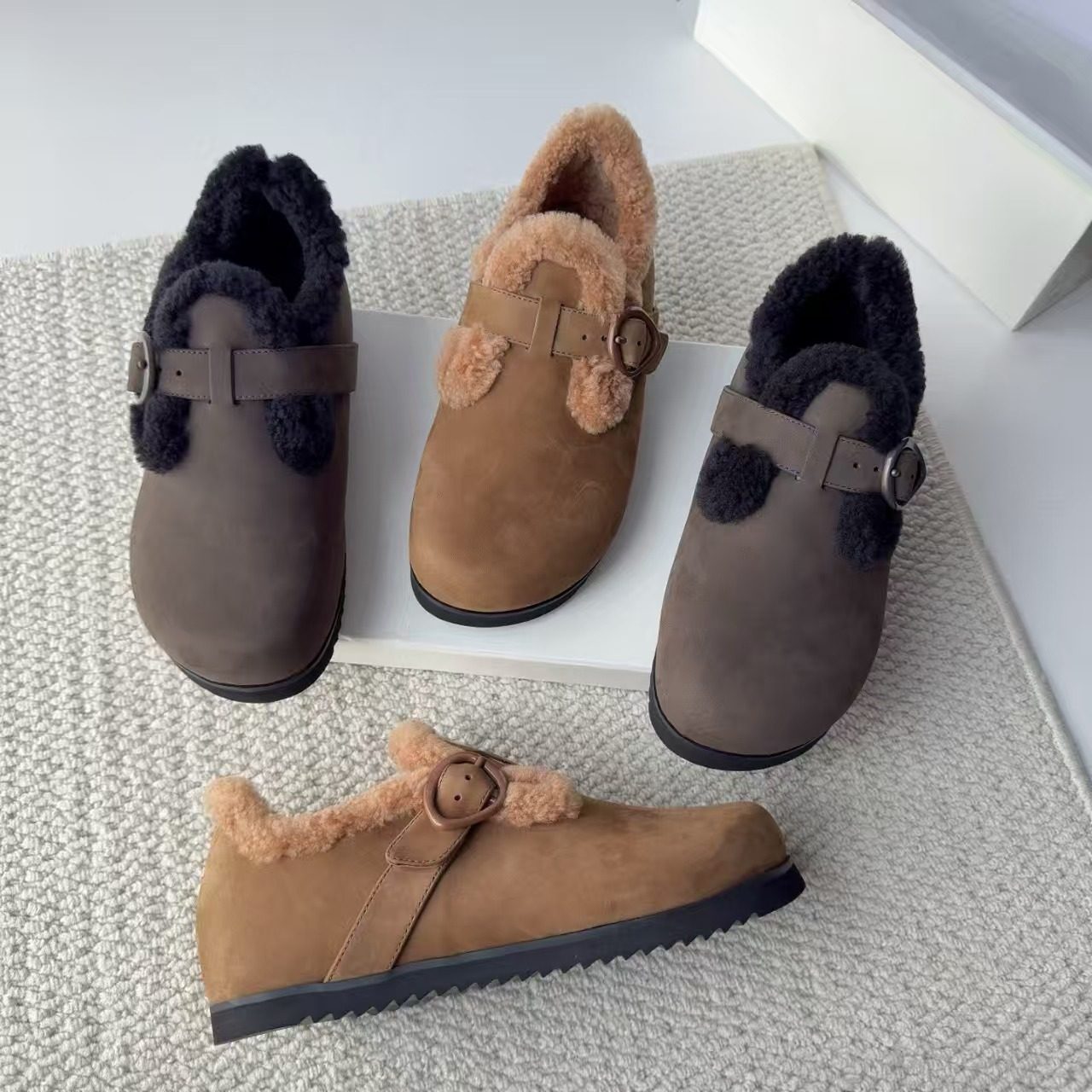 纯原羊皮毛一体拖鞋玛丽珍雪地靴内增高厚底保暖博肯鞋女真皮搭扣