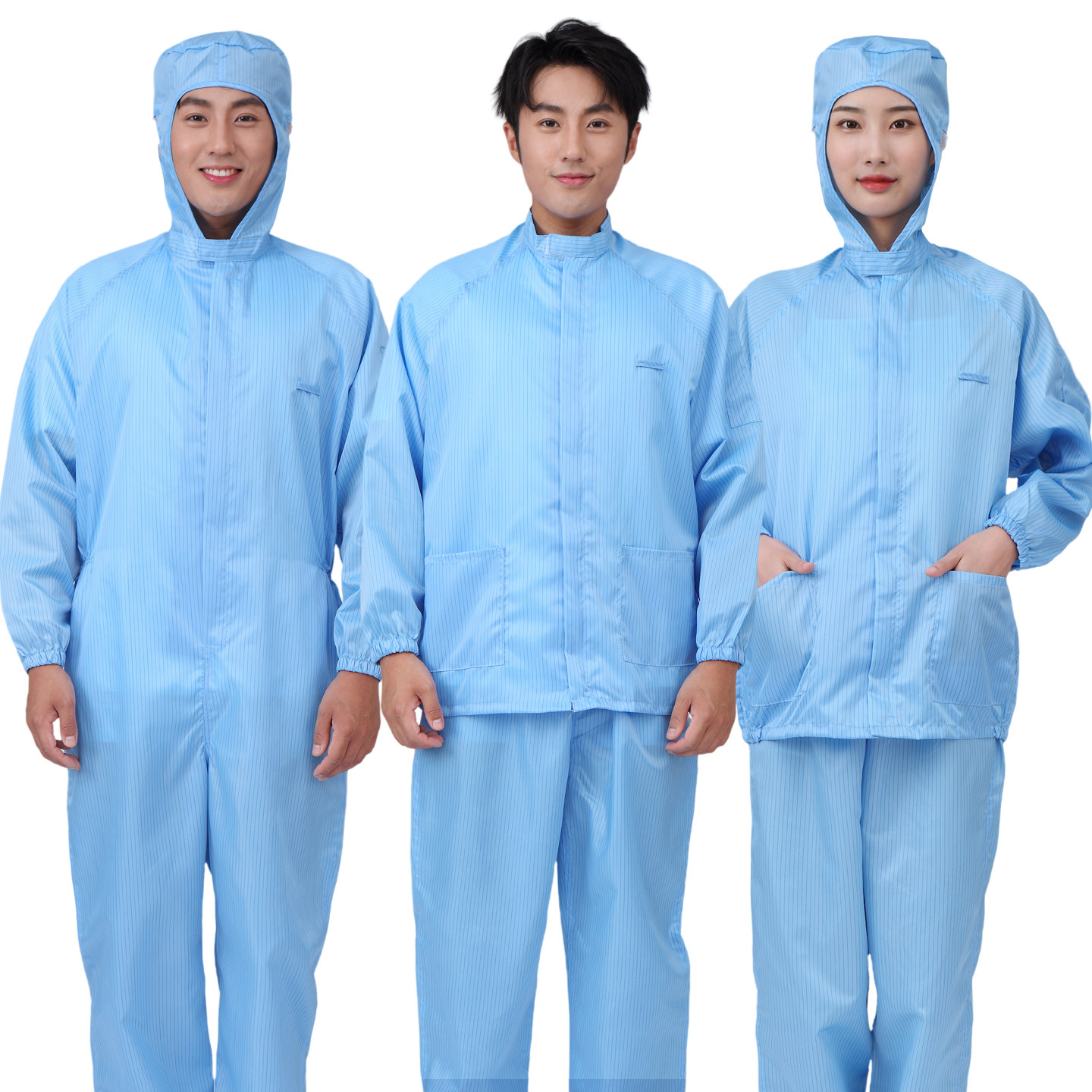 电子厂工装防粉尘喷漆连体防尘服条纹食品服防静电蓝色工作服套装