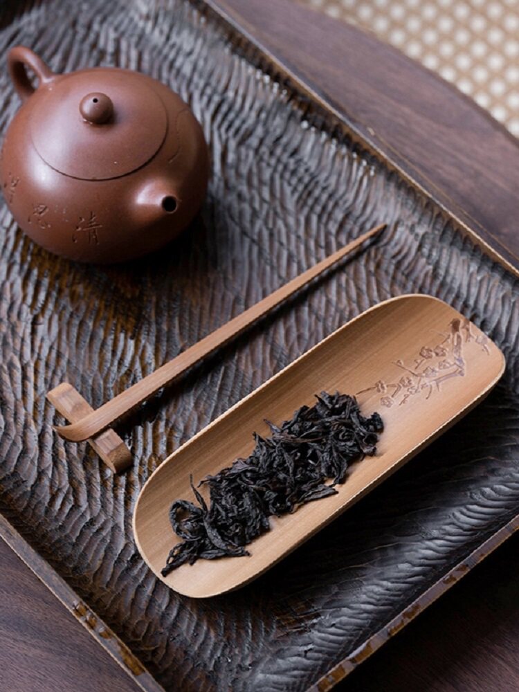 仿古梅兰竹菊竹雕茶则三件套 禅意竹制赏茶荷分茶器功夫茶道配件
