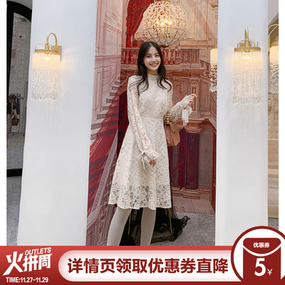 小镇姗姗 蔷薇入画 蕾丝刺绣连衣裙宫廷风气质清新中长款蕾丝裙